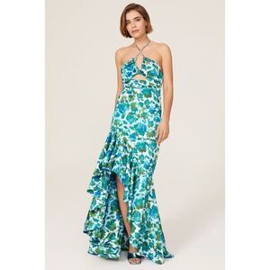 AMUR Edie High Low Tie Neck Halter Gown